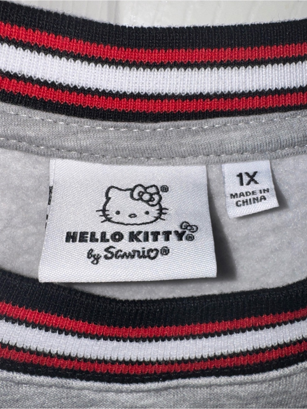 Hello Kitty Grey Top with Black, White and Red Striped Trim - Picture 2 of 4